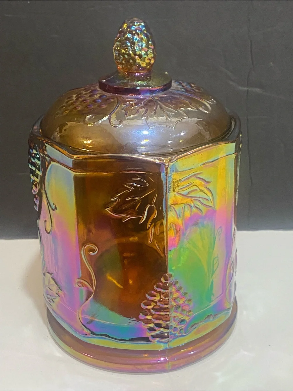 Vintage Indiana Glass Harvest Grape Canister Jar Lid Marigold Carnival Glass 7